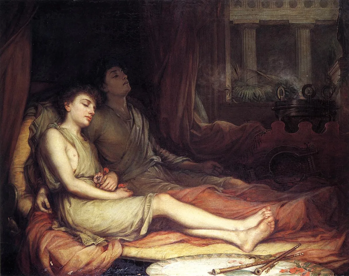 Peinture de John William Waterhouse : deux jeunes hommes endormis côte à côte dans une chambre antique, le Sommeil et la Mort.
