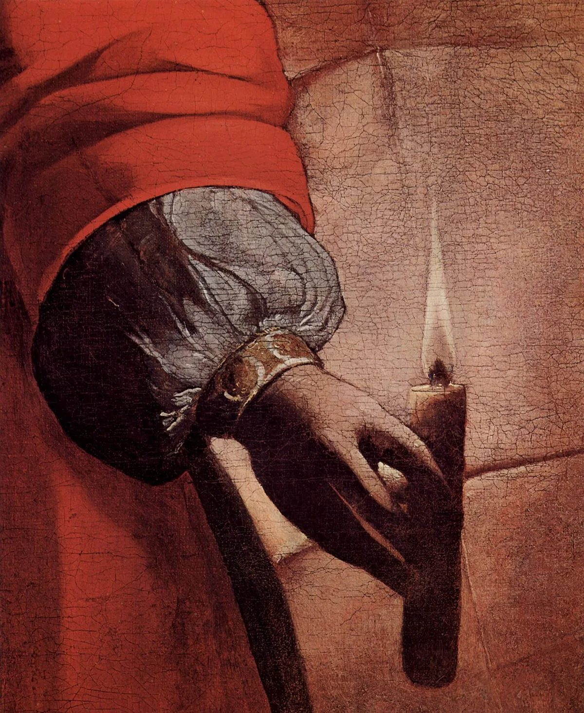Détail d'un tableau de Georges de La Tour : une main abritant la flamme d'une bougie, le reste de la toile plongé dans l'ombre.