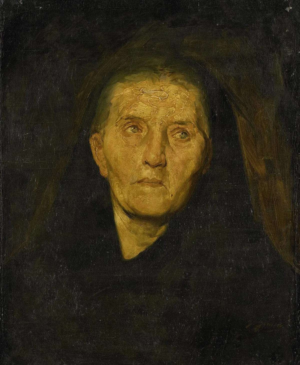 Portrait peint d'une femme âgée en robe de deuil noire, le visage éclairé sur un fond sombre.